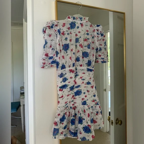 Love Shack Fancy blue red and while floral mini dress with puff sleeves